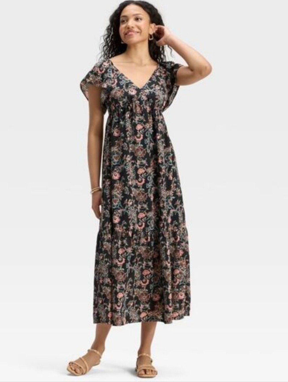 Universal Thread NWT Womens Flutter Short Sleeve Maxi A-Line Dress Blk Floral L